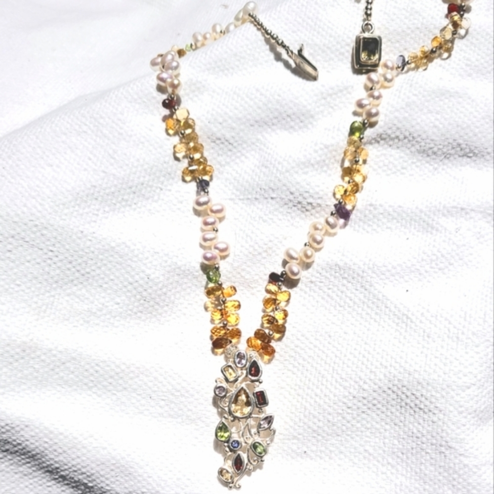 Artisan Saltwater Pearl Sterling Necklace Peridot Amethyst Garnet Citrin…